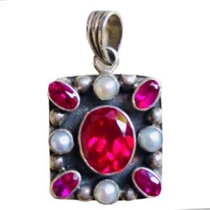 Sterling Boho Ornate Pendant Ruby Pearls